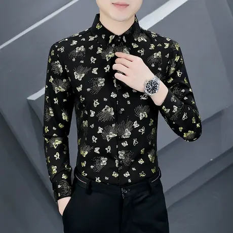 ins潮牌花衬衫男春秋季社会小伙个性烫金长袖衬衣韩版痞帅气上衣图片