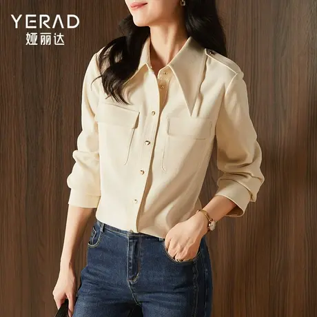 娅丽达磨毛衬衫女秋装2023年新款设计感工装风尖角领叠穿咖色衬衣商品大图