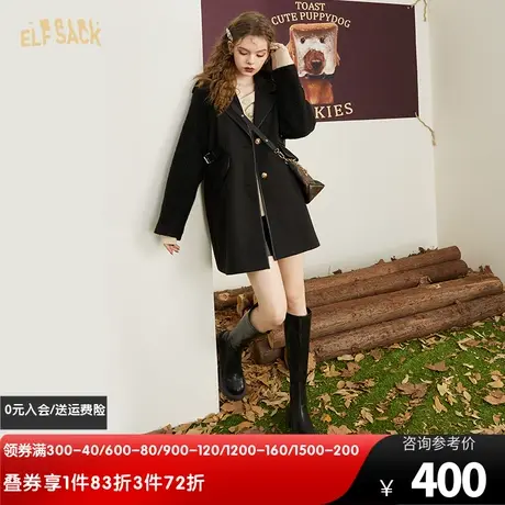 妖精的口袋黑色毛呢外套女2022秋冬季新款小个子中长款大衣高级感图片