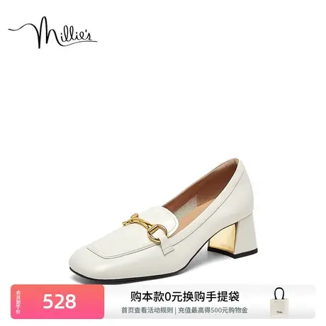 妙丽粗跟乐福鞋春季新款商场同款牛皮高跟鞋简约女单鞋SGH15AA3图片