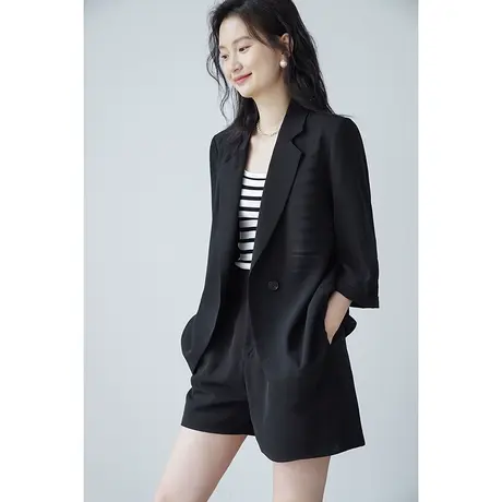 嘉茱莉2023夏季新款七分袖小西装外套女薄款小个子西服短裤套装商品大图