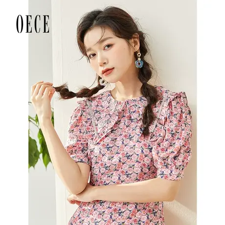 Oece甜美碎花裙2022夏季新款女装复古花边娃娃领短袖气质连衣裙图片