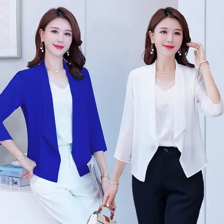 夏季雪纺防晒西装开衫外套女薄款长袖垂感气质小个子小西服披肩图片