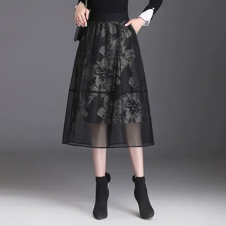 印花网纱半身裙女2023春秋新款松紧腰a字裙显瘦中长款垂感蓬蓬裙图片