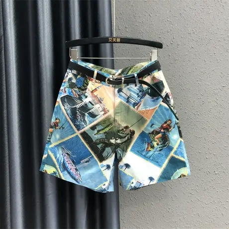 欧货炸街小众设计感印花印染牛仔短裤女2023夏新款高腰阔腿裤热裤图片
