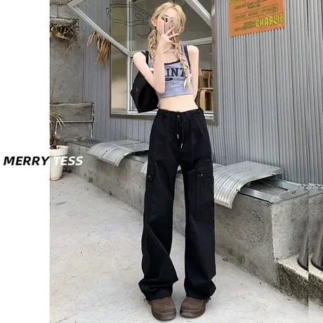 美式黑色工装裤女薄款辣妹高腰显瘦宽松休闲直筒窄版阔腿运动裤子商品大图