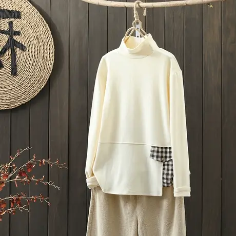 枫谜2021年秋冬新款文艺拼接纯色半高领T恤衫女宽松休闲打底衫商品大图