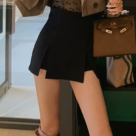 黑色高腰西装裙裤女2023秋季设计感高腰开叉显瘦百搭休闲阔腿短裤图片
