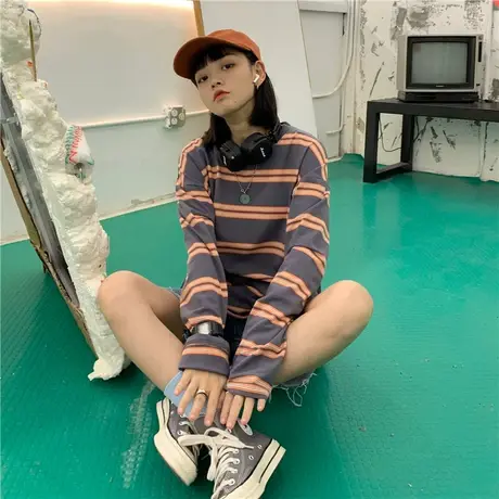 红续自制2020早秋新款ins潮日系少女条纹宽松纯棉圆领长袖T恤女生图片