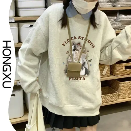 红续2023年新款复古学院风圆领卫衣小众设计感套头上衣加厚长袖潮图片