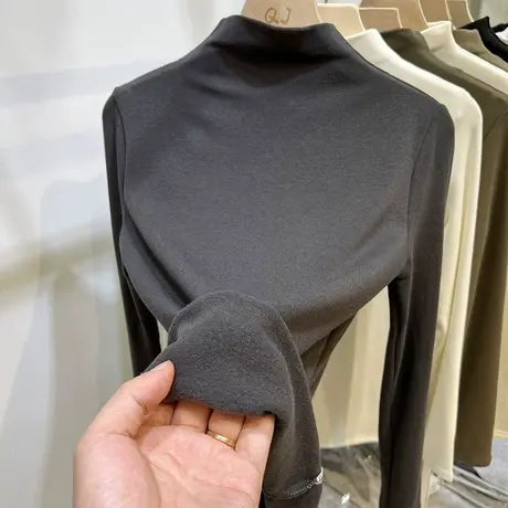 半高领纯色百搭加薄绒长袖T恤女2022秋冬新款厚实内搭打底衫上衣商品大图