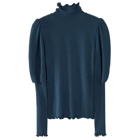 早春高领宫廷风泡泡灯笼磨毛袖长袖洋气荷叶边纯白内搭蓝色女打底图片