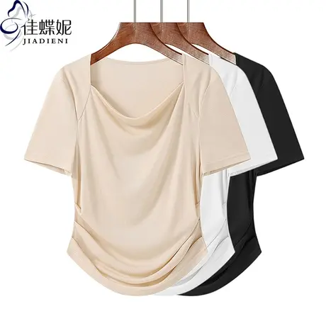 夏季新款方领褶皱下摆圆弧纯欲修身纯棉纯色短袖体恤上衣女打底衫图片