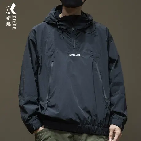 希越户外防水半拉链冲锋衣男秋季宽松大码口袋刺绣套头耐磨外套潮商品大图