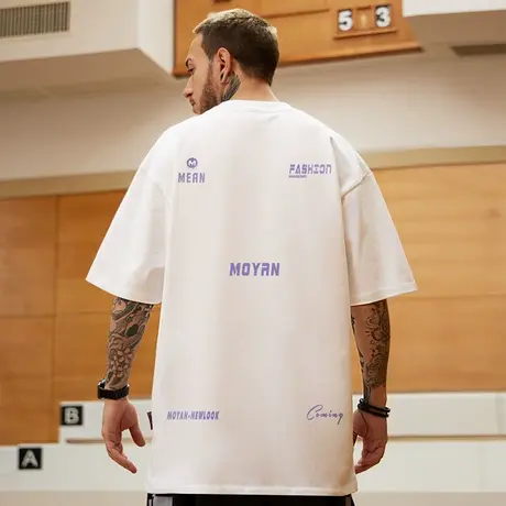 高街潮牌宽松T恤白色短袖男加肥加大五分袖纯棉肥佬大码男装夏季商品大图