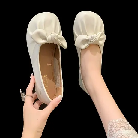 甜美蝴蝶结平底单鞋女夏季新百搭复古一脚蹬豆豆鞋软底浅口奶奶鞋图片