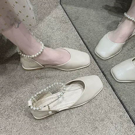 仙女风包头凉鞋女2023年夏季新款网红珍珠配裙子平底温柔晚晚单鞋商品大图