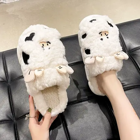 棉拖鞋女秋冬季防滑室内家居踩屎感厚底防滑可爱奶牛保暖毛绒拖鞋商品大图