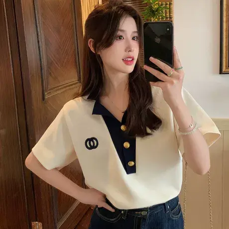 大码POLO领短袖T恤女装夏季胖妹妹遮肚子显瘦撞色正肩上衣服200斤商品大图