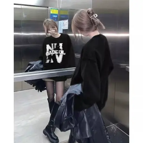 大码胖mm美式圆领长袖卫衣女新款早春薄款宽松小众上衣潮2-300斤商品大图