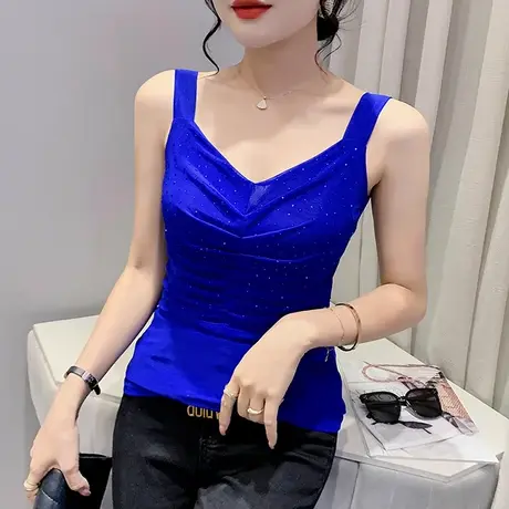 性感网纱吊带背心女内搭欧货洋气烫钻打底小衫设计感个性无袖上衣商品大图