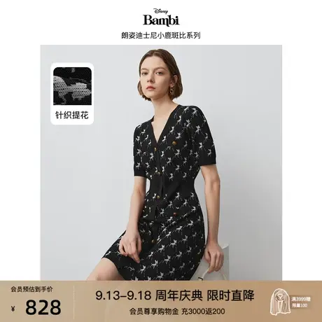 【迪士尼小鹿斑比系列】朗姿2023秋新款法式黑色V领针织连衣裙子商品大图
