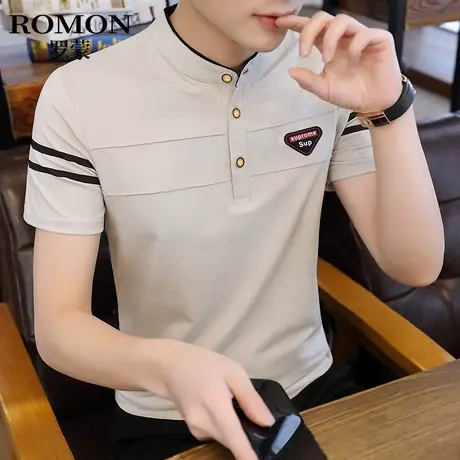 罗蒙立领短袖t恤男夏季纯棉潮流简约POLO衫时尚半袖上衣男装体恤商品大图