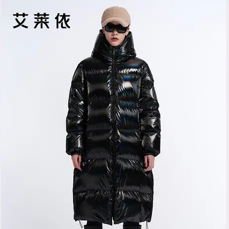 艾莱依黑色亮面羽绒服女2022年冬季新款高级感时尚中长款连帽外套商品大图
