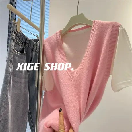 减龄韩系V领针织马甲女外搭软糯亲肤宽松百搭叠穿粉色套头背心ins图片