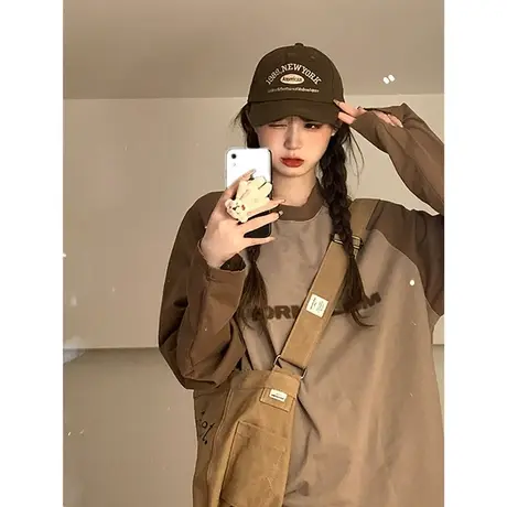 韩版美式复古拼接上衣女装2023年新款早秋长袖薄款T恤慵懒风学生图片