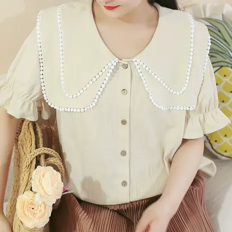 胖妹妹夏季2023新款法式双层花瓣领气质衬衫加大码温柔短袖上衣女商品大图