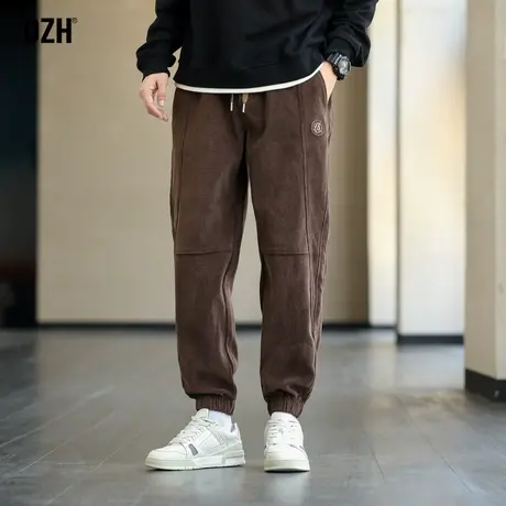 男士灯芯绒休闲裤咖啡色裤子男潮ins高街华夫格束脚裤2023年新款商品大图