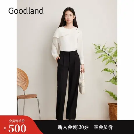 Goodland美地秋季飞片翻领斜纹衬衫法式缎感上衣商品大图