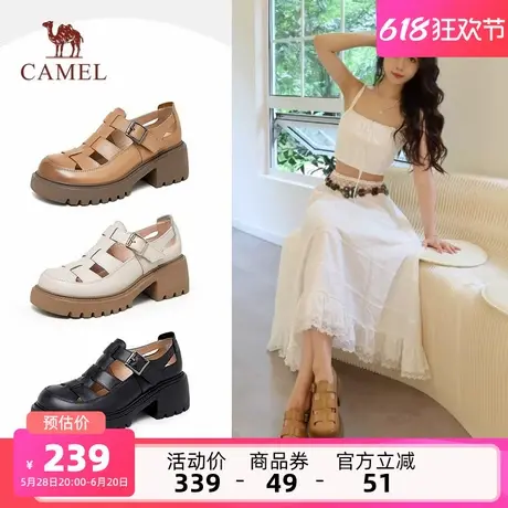 骆驼女鞋2025春夏新款厚底罗马凉鞋女真皮鞋子复古镂空包头猪笼鞋商品大图