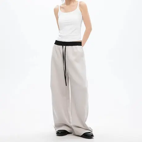 撞色拼接排扣阔腿运动卫裤女2025夏季新款复古宽松显瘦薄款休闲裤商品大图