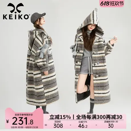 KEIKO[夹棉] 高级感撞色条纹圈圈呢大衣24冬季复古女巫帽毛呢外套商品大图
