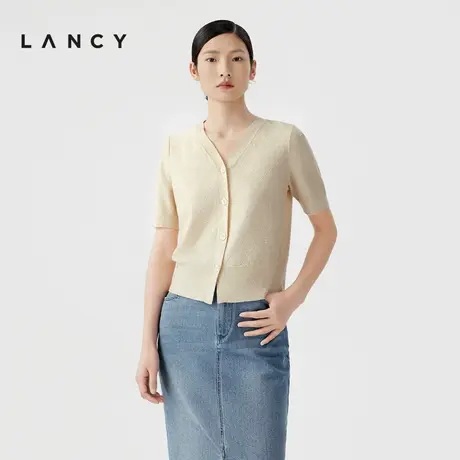 LANCY/朗姿2024夏季绵羊毛v领短袖针织开衫软糯亲肤简约薄上衣女图片