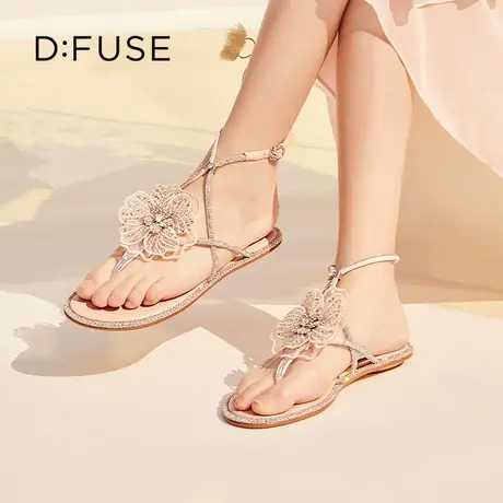 【昕怡粉丝专享】DFuse夏季款刺绣水晶花平底夹趾仙女凉拖鞋女图片