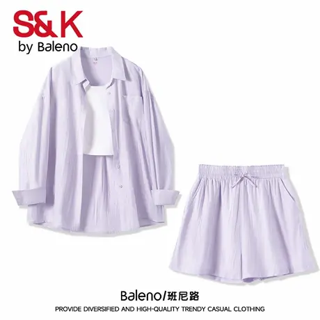 班尼路S&K系列浅紫色衬衫套装女春夏韩系休闲衬衫三分裤两件套女Q商品大图