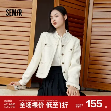 森马外套女短款修身格子粗花呢优雅气质冬季温柔圆领肌理夹克通勤图片