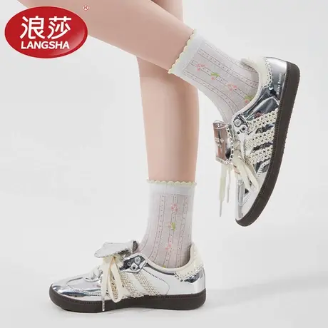 浪莎袜子女中筒袜ins潮蝴蝶结花边泡泡口夏季薄款堆堆袜长袜透气商品大图