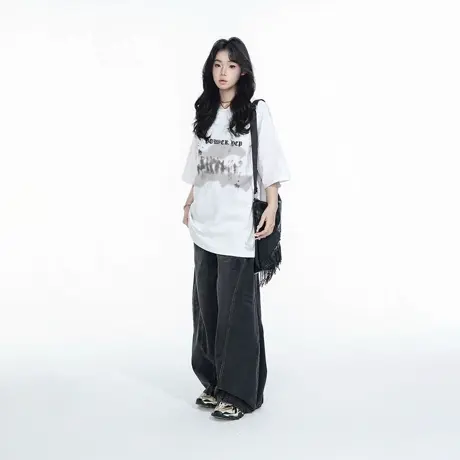 YEP2025新款美式复古涂鸦宽松t恤女短袖夏季街头圆领情侣半袖上衣商品大图