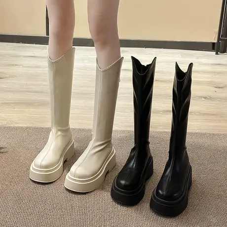 不过膝防滑骑士靴女2023年新款秋季增高小个子厚底v口显瘦长筒靴图片