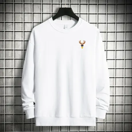 重磅纯棉卫衣男圆领白色长袖t恤摇粒绒套头无帽上衣鹿头潮流宽松商品大图