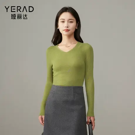 娅丽达v领修身羊毛衫女基础针织衫2025秋新款内搭气质短款打底衫商品大图