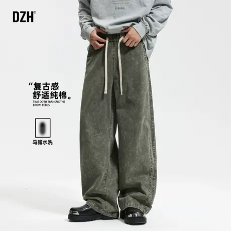 男士军绿色纯棉牛仔裤男直筒宽松2025新款秋季弯刀裤子男款老爹裤商品大图