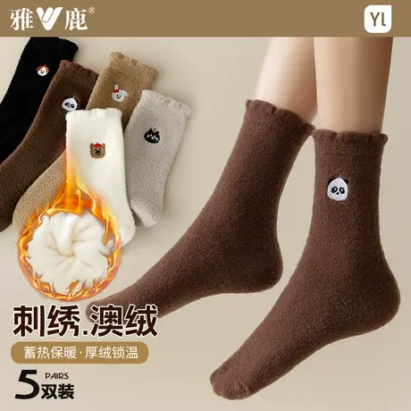 澳绒袜子女2025新款保暖加厚毛绒袜可爱卡通刺绣睡眠地板袜月子袜商品大图