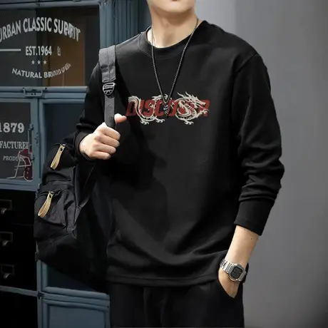 唐狮春秋男长袖t恤潮牌印花T恤纯棉港风帅气上衣运动风男士深灰TE商品大图