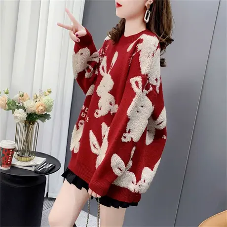 新年红色兔子圆领毛衣女2022年新款秋冬宽松慵懒风加厚减龄针织衫商品大图
