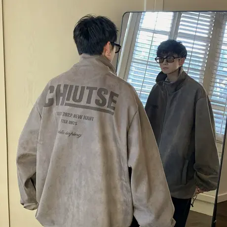 美式复古麂皮绒外套男秋冬季2023新款衣服ins潮牌痞帅拉链夹克衫商品大图